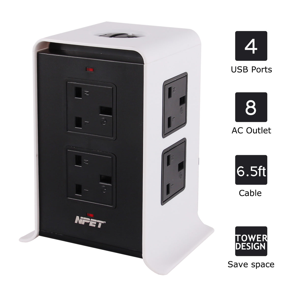 NPET Power Stripe 6.5FT/3M Surge Protector Tower 8 Outlet 4 USB Ports