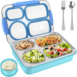 NPET 4-Compartment Stainless Steel Bento Lunch Box with Reusable Sauce Bowl, Fork and Spoon for Kids, Teens & Adults