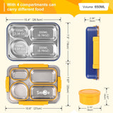 NPET 4-Compartment Stainless Steel Bento Lunch Box with Reusable Sauce Bowl, Fork and Spoon for Kids, Teens & Adults