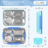 NPET 4-Compartment Stainless Steel Bento Lunch Box with Reusable Sauce Bowl, Fork and Spoon for Kids, Teens & Adults