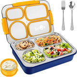 NPET 4-Compartment Stainless Steel Bento Lunch Box with Reusable Sauce Bowl, Fork and Spoon for Kids, Teens & Adults