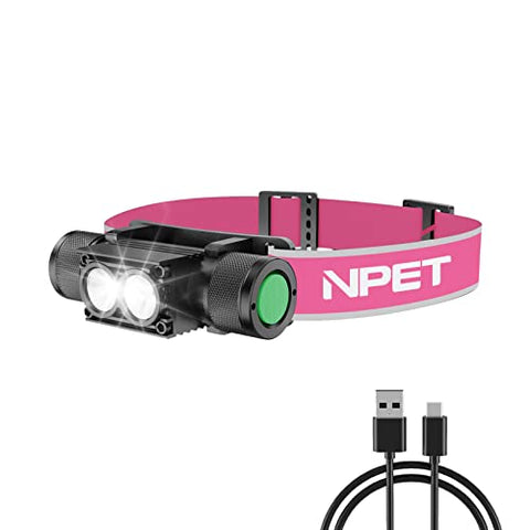 NPET Head Lamp-Rechargeable Headlamp with High Lumen.Waterproof.Wide Angle Light Area.Best Hands Free Head Light for Camping.Searching(Pink)