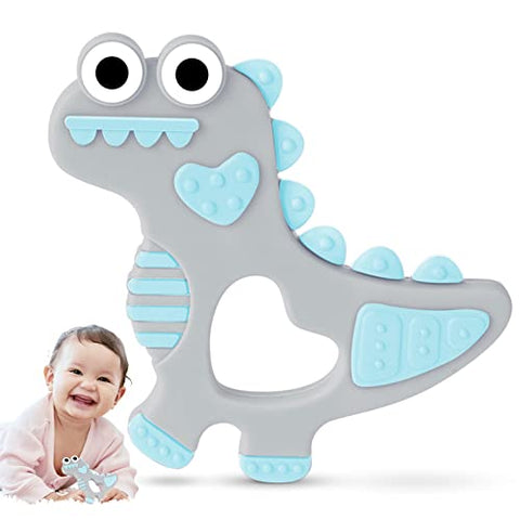 Dinosaur Baby Teethers 3-6/6-12 Months Intant Teething Toys 100% Silicone Soft & Durable Baby Comfort Toys Gum Massager Toddler Gifts Birthday Gifts Teething Toys for Babies Boys Girls 0-6 Months-Gray