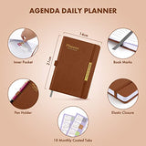 NPET 2023 Daily and Monthly Planner,18-Month Agenda Daily Planner from July. 2023-Dec. 2024 for Time Management and Goals Achievement with Lychee Pattern Leather Cover, Coated Tabs, Pen Holder(Brown)