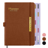 NPET 2023 Daily and Monthly Planner,18-Month Agenda Daily Planner from July. 2023-Dec. 2024 for Time Management and Goals Achievement with Lychee Pattern Leather Cover, Coated Tabs, Pen Holder(Brown)