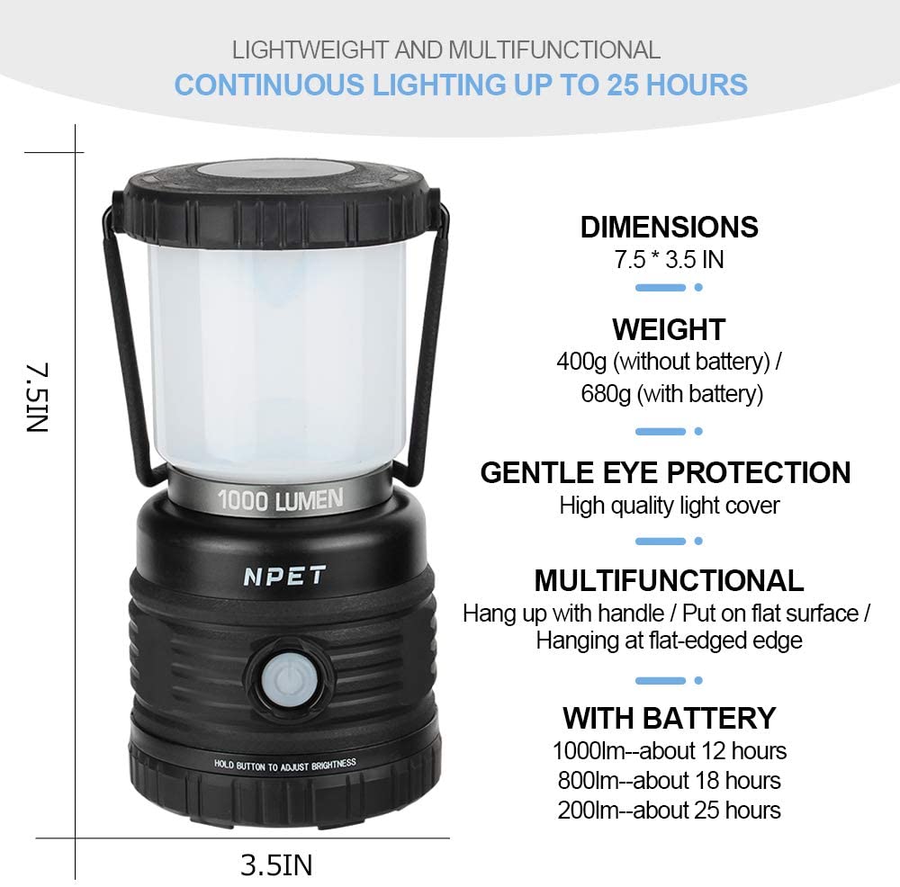 NPET LED Camping Lantern 1000LM, Rechargeable/Battery Powered for Hurr –  NPET Online Store